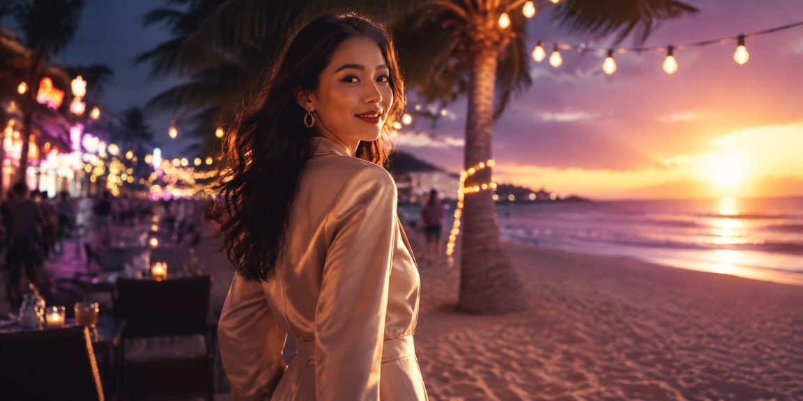 Người dùng thư giãn tại bãi biển Phú Quốc và chơi slots jackpot trên smartphone